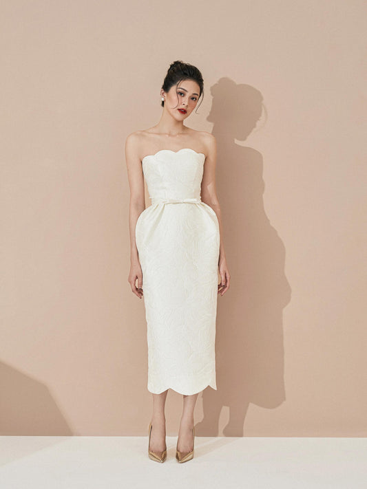 Engraved petal strapless midi pencil scallop hem belle petal midi dress  - SURAYA