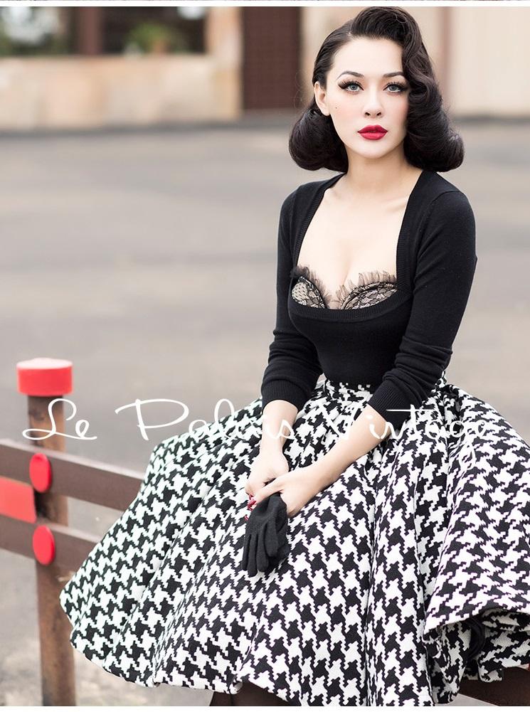 Vintage retro elegant black and white hound's-tooth high waist full skirt- Elia