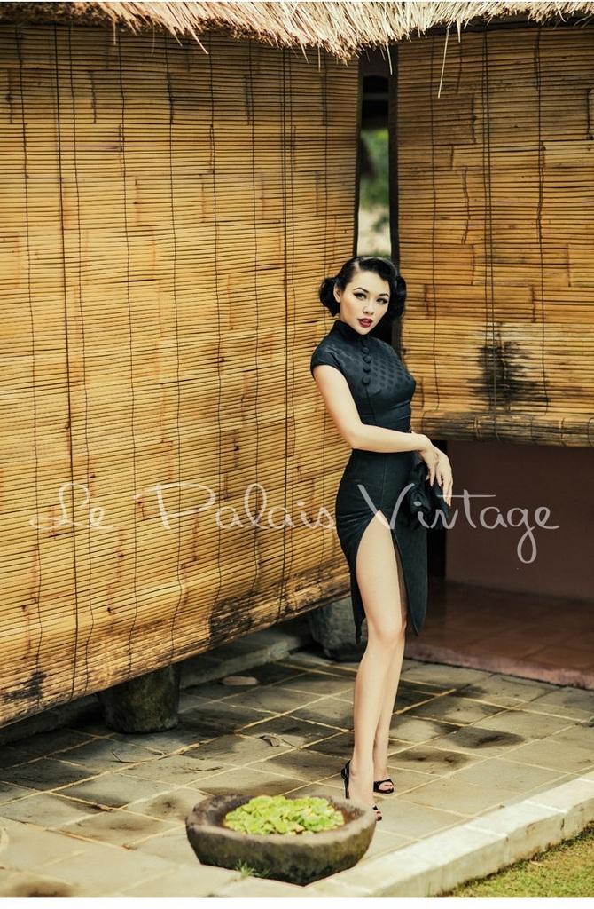 retro sexy dress Le Palais vintage retro sexy slit jacquard pinup polka dress- Usera XS