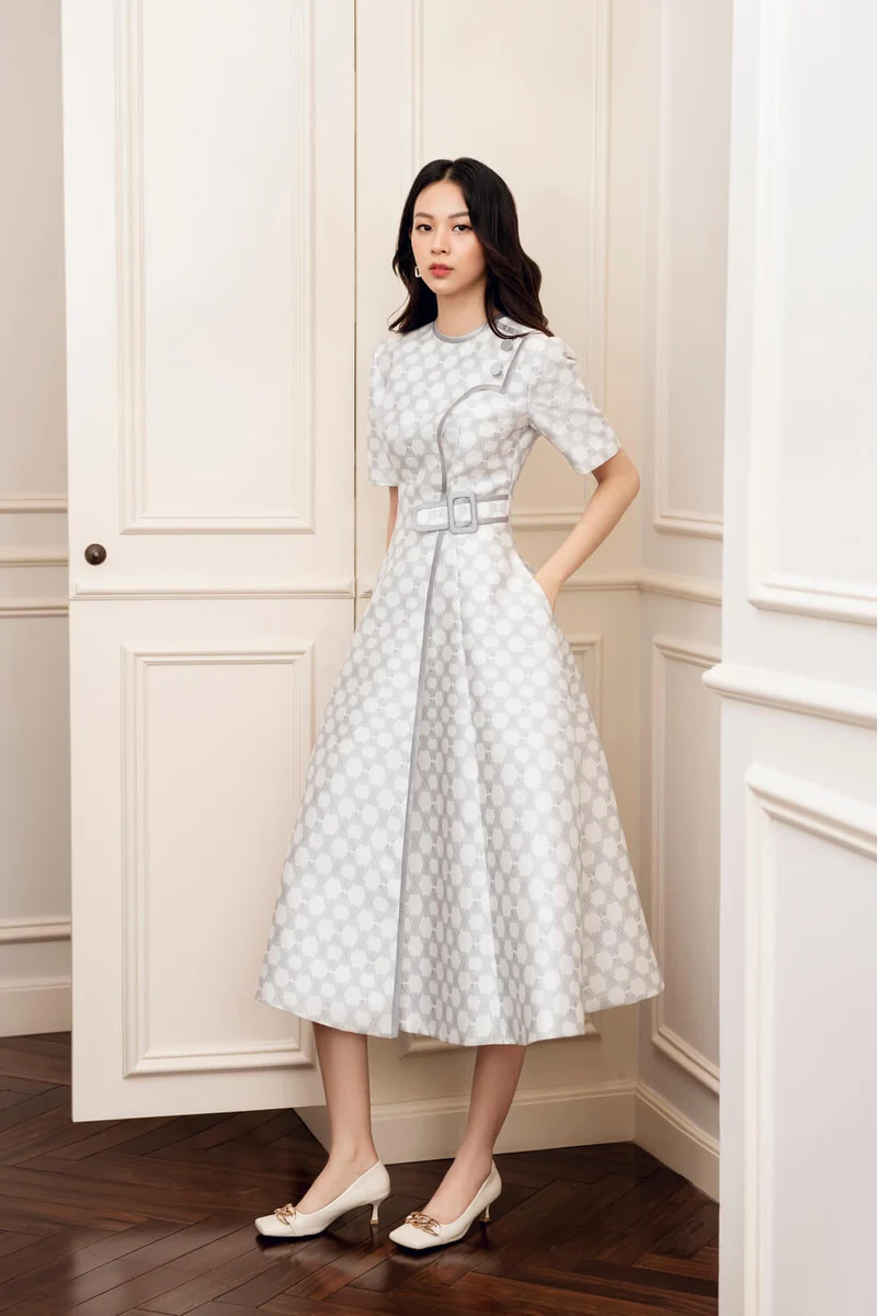Midi dress is crafted from taffeta, with a round neck, puffy shoulders, middle sleeves- Gala