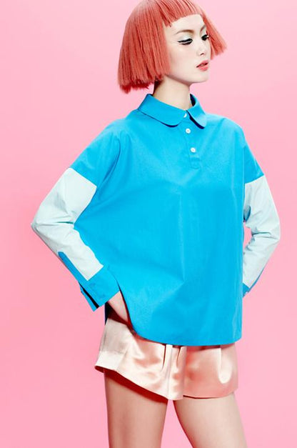 Blue and white loose doll shirt- Pola