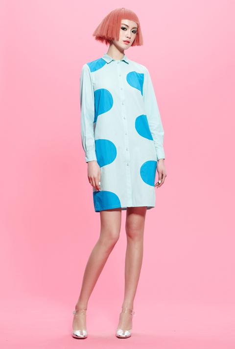 Sky blue patch color block Long shirt dress- Fola