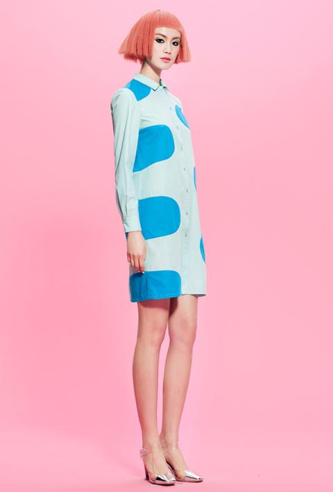 Sky blue patch color block Long shirt dress- Fola