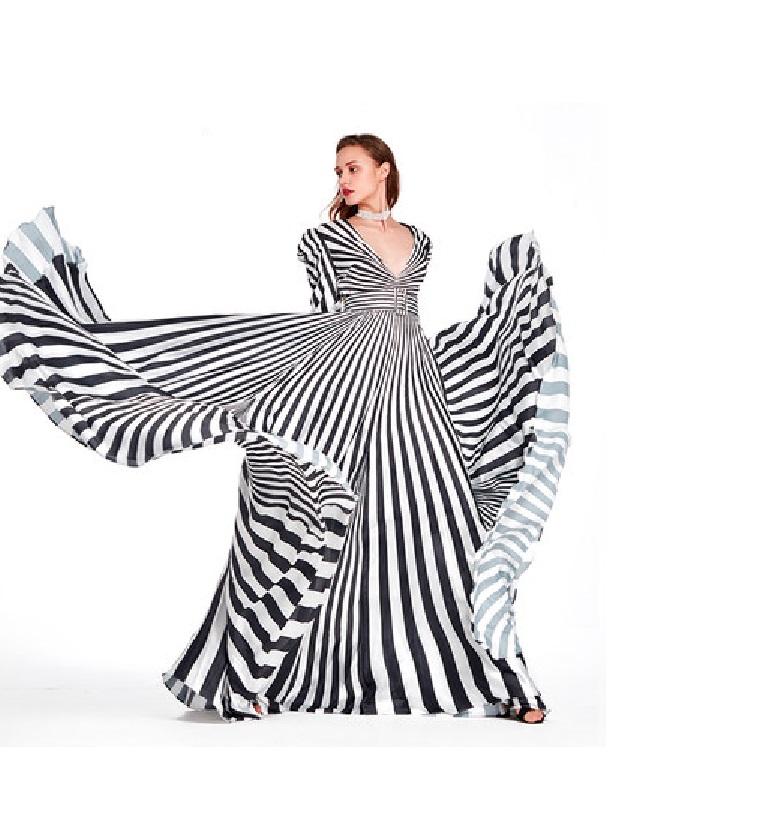 Limited Black and White stripe long sleeve V neck maxi evening gown - Cher S Limited Black and White stripe long sleeve V neck maxi evening gown - Cher S