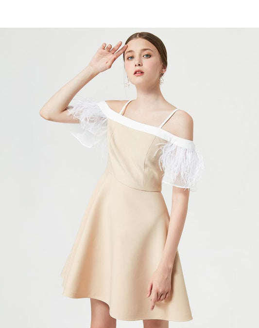 Nude color feather sleeve off shoulder strapless dress - Abelli