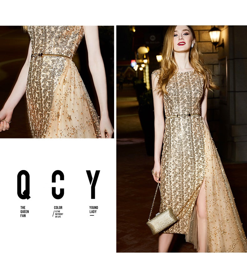 High-end luxury  Gold shimmery sleeveless evening dinner dress - ipi