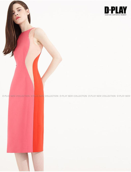 Color block splicing package pencil dress round neck sleeveless dress- Lidia