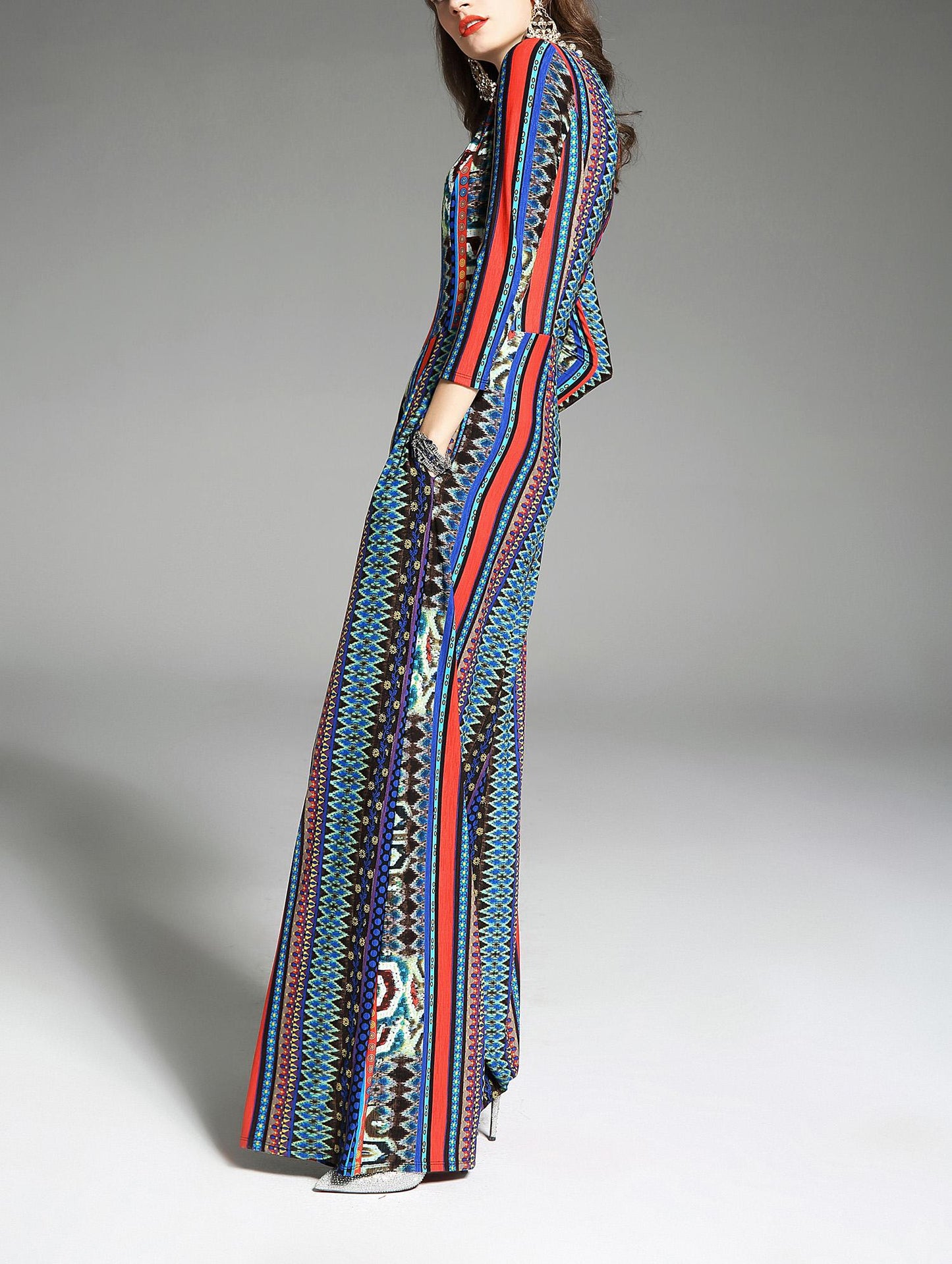 Round neck elastic multi-colored missoni inspired printed vintage wide leg  jumpsuit - Ligo Mi