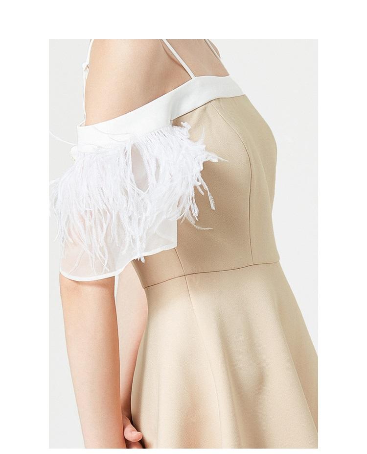 Nude color feather sleeve off shoulder strapless dress - Abelli
