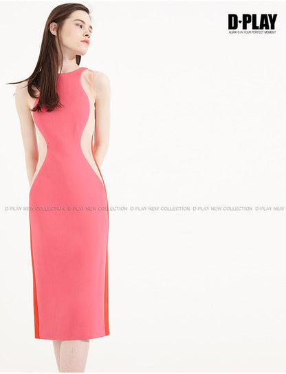Color block splicing package pencil dress round neck sleeveless dress- Lidia