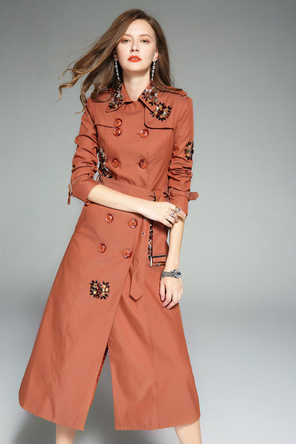 Classic autumn winter luxury limited edition handmade beaded trench coat - Siaha orange caramel