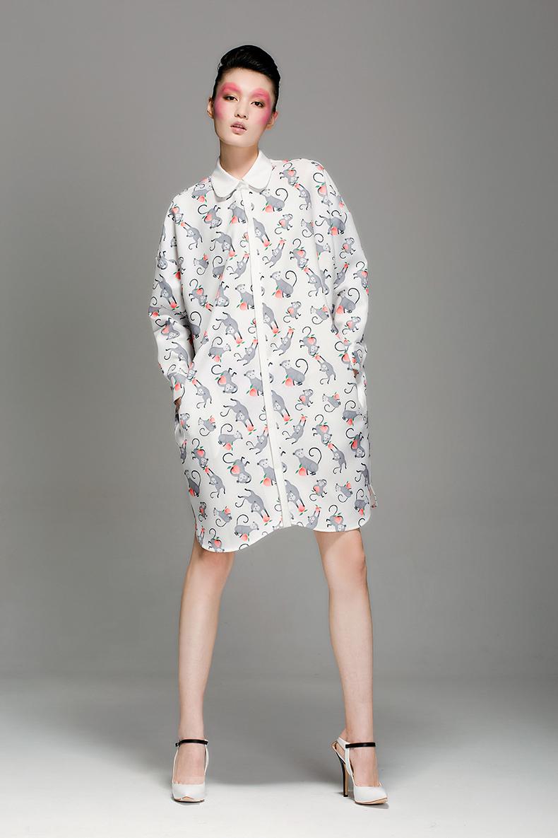 Designers Story series white monkey printed fun Long shirt dress- Wali