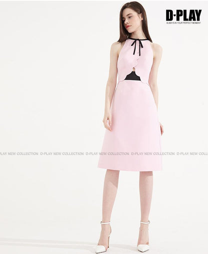 New cherry blossom sleeveless cross wave high waist pastel pink dress bridesmaids wedding guest reception dress- peita