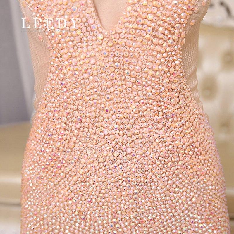 Deep V-neck sexy fashion tulle mesh fishtail slim fit beaded sequins  skirt  apricot pink dress- Octavia