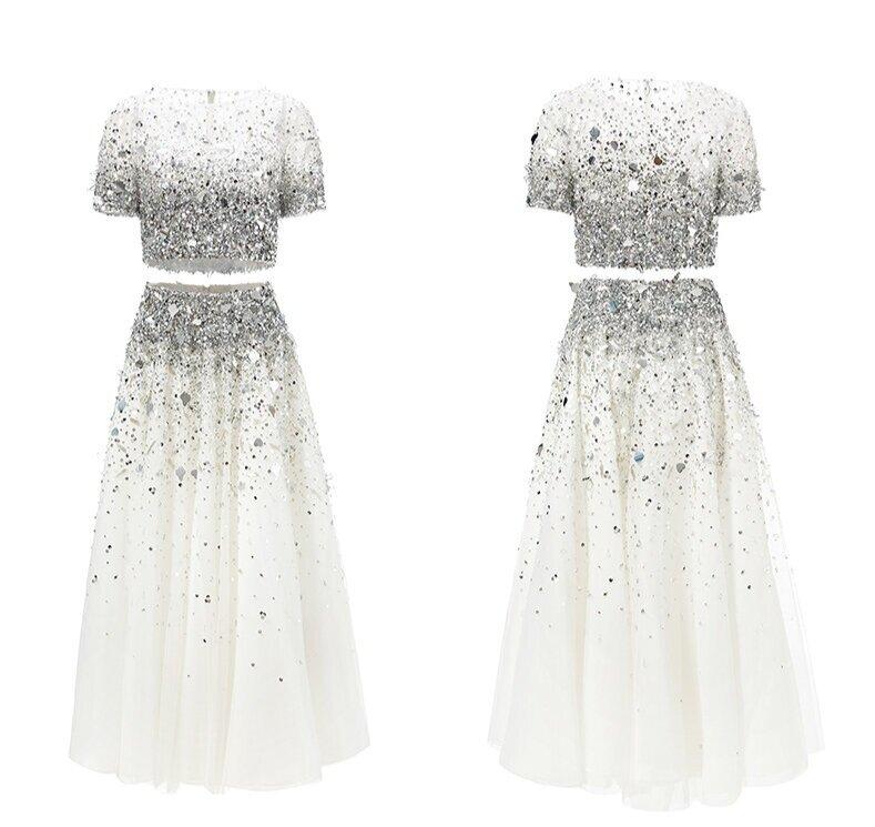 white sequin two piece dress Francene Two Piece Sequin Maxi Dress White