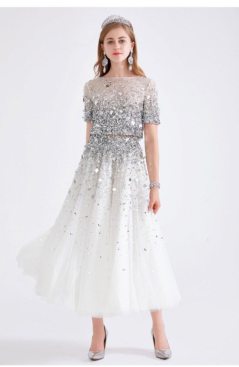 Luxury Heavy Sequin Dress Skirt Heavy Beaded Sequin Two-Piece Midi White Wedding Skirt + Sequin White Wedding Top- Dila M Luxury Heavy Sequin Dress Skirt Heavy Beaded Sequin Two-Piece Midi White Wedding Skirt + Sequin White Wedding Top- Dila M
