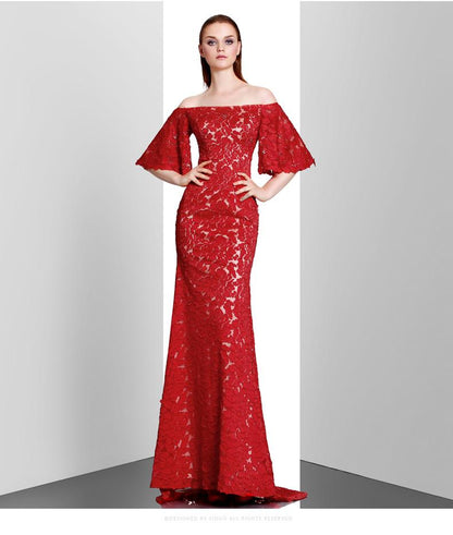 Spring new red off shoulder bride wedding toast clothing long tail evening dress- Siloa