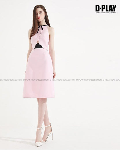 New cherry blossom sleeveless cross wave high waist pastel pink dress bridesmaids wedding guest reception dress- peita
