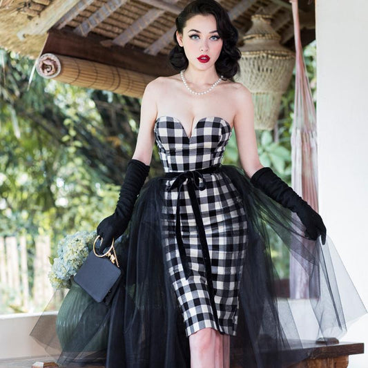 Le palais vintage retro pinup strapless velveteen checkered pencil dress and tutu set- Chloe