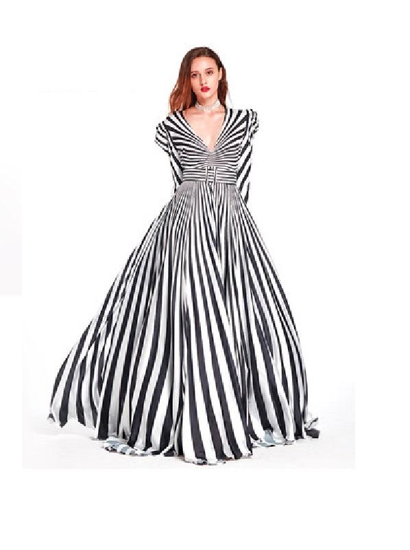 black and white striped long dress Entro A-Line Contrasting Striped Maxi Dress in Black June Adel