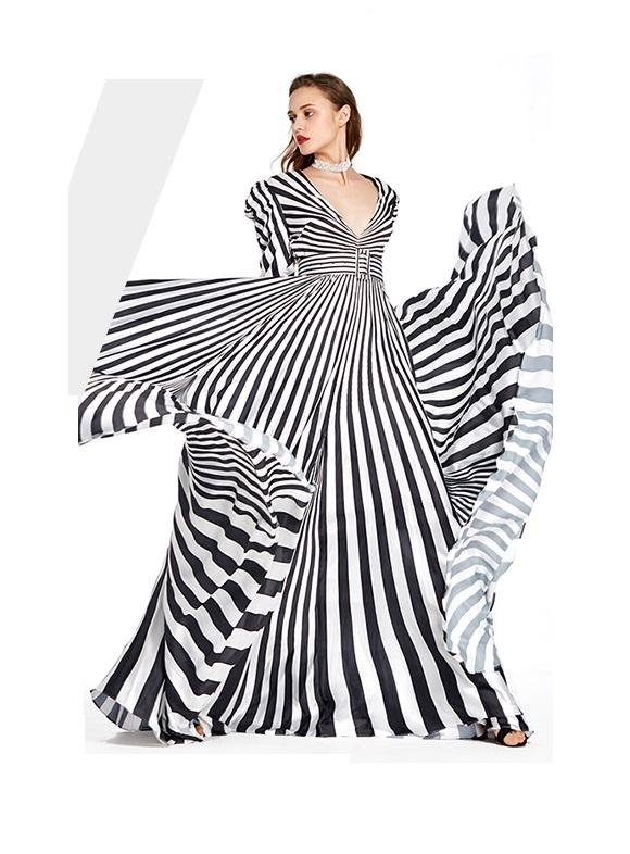 Limited Black and White stripe long sleeve V neck maxi evening gown - Cher M Limited Black and White stripe long sleeve V neck maxi evening gown - Cher M