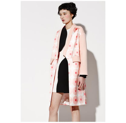 Independent designers pink dot printed unique buckle long coat jacket- Cleary