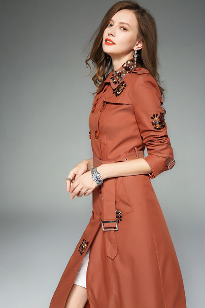 Classic autumn winter luxury limited edition handmade beaded trench coat - Siaha orange caramel