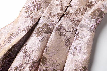 Long sleeve stand collar retro jacquard satin swing dress- Pilar