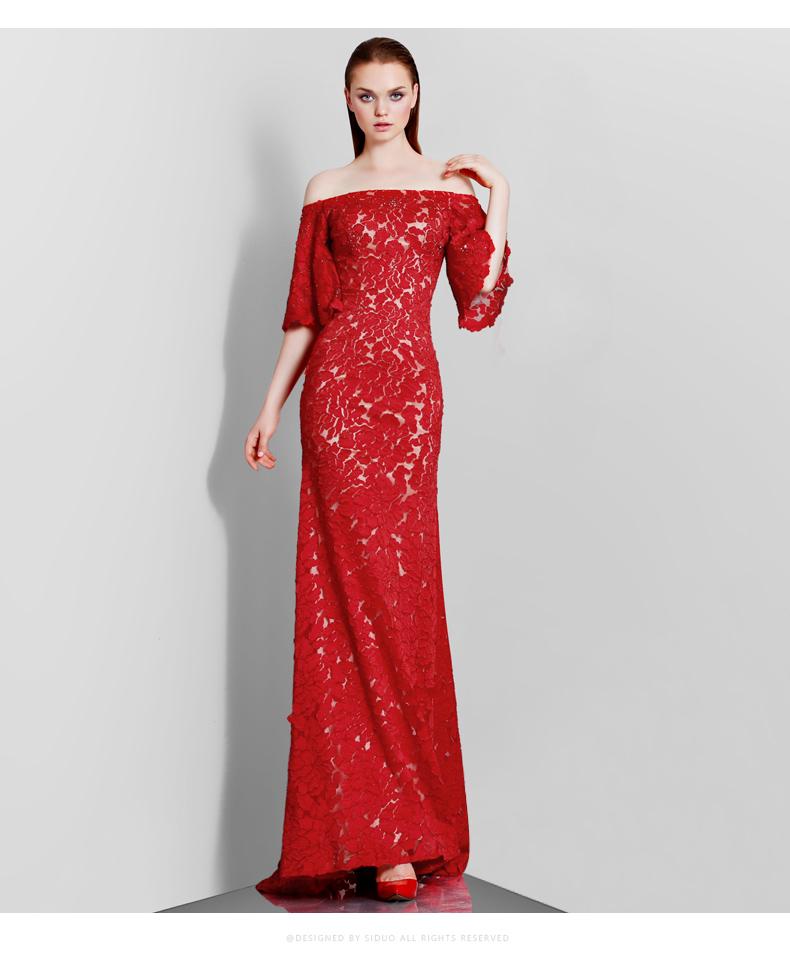 Spring new red off shoulder bride wedding toast clothing long tail evening dress- Siloa