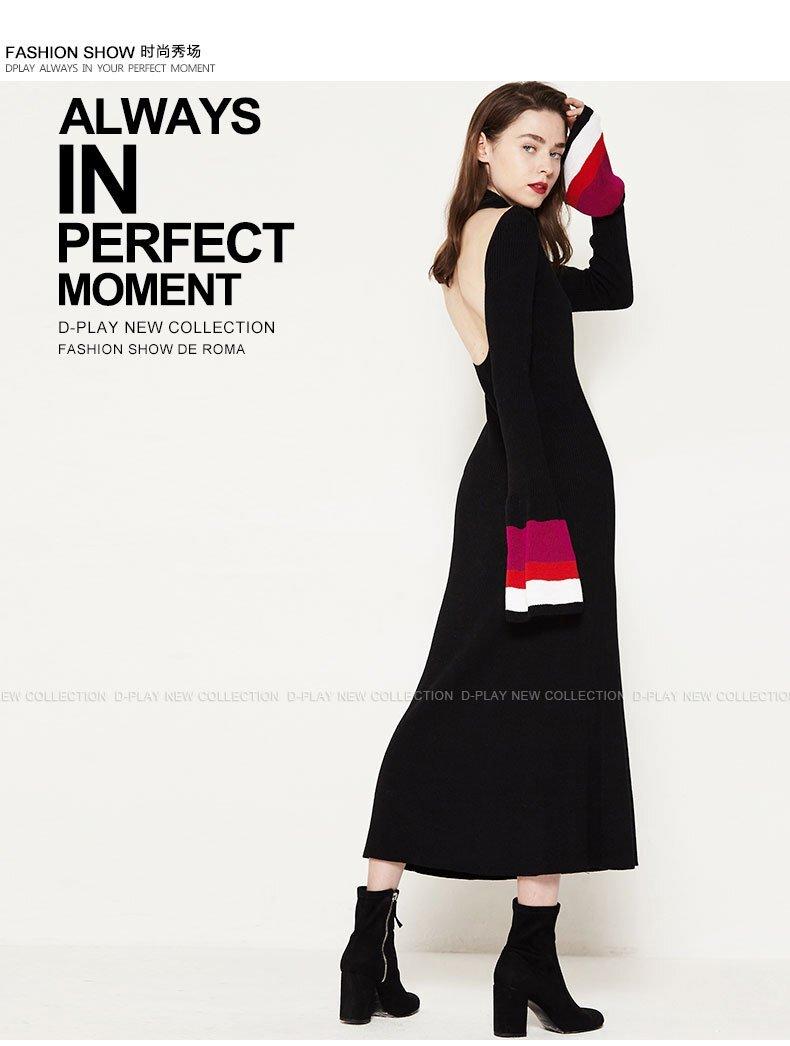 Fall Winter Black Halter Contrast Color Flare Sleeve Slim Long Knit Sweater Dress - Kania L / Black Fall Winter Black Halter Contrast Color Flare Sleeve Slim Long Knit Sweater Dress - Kania L / Black