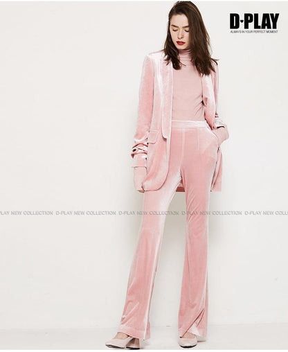 Pink  velvet suit + bell-bottoms trousers two-piece suit- Hitas
