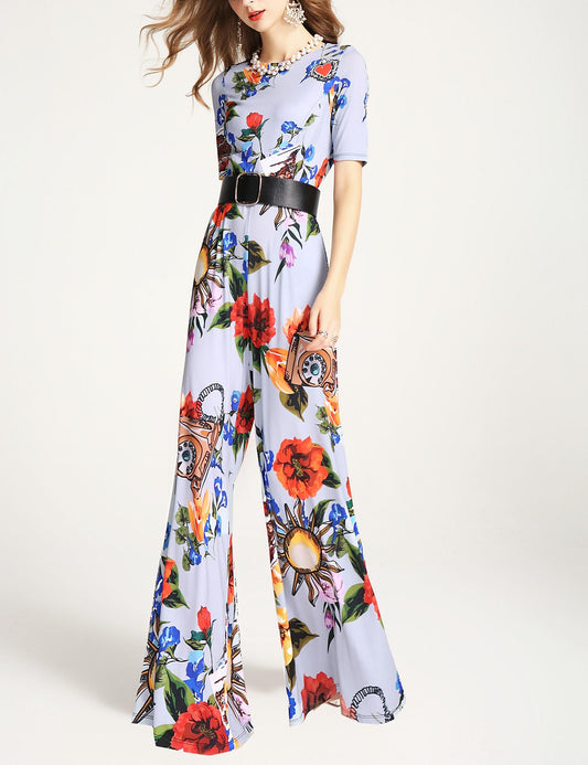 Round neck elastic multi-colored floral print vintage 70's style wide leg chic jumpsuit - Ligo Flora