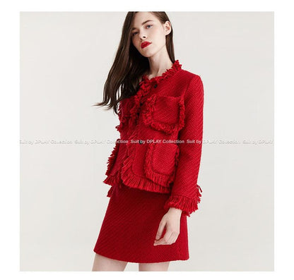 Designer woven Red pocket cat whisker short coat + short skirt suit  four pockets suite set