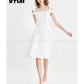 White double-row metal buckle off shoulder strap dress One-neck metal double-breasted strapless cocktail dress - Inovi