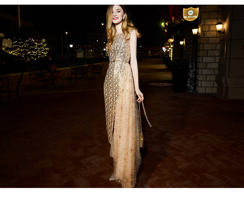 gold dress for dinner Evening Dress Gold Sequined Crystal O-Neck Black Floor-length Dinner Gowns