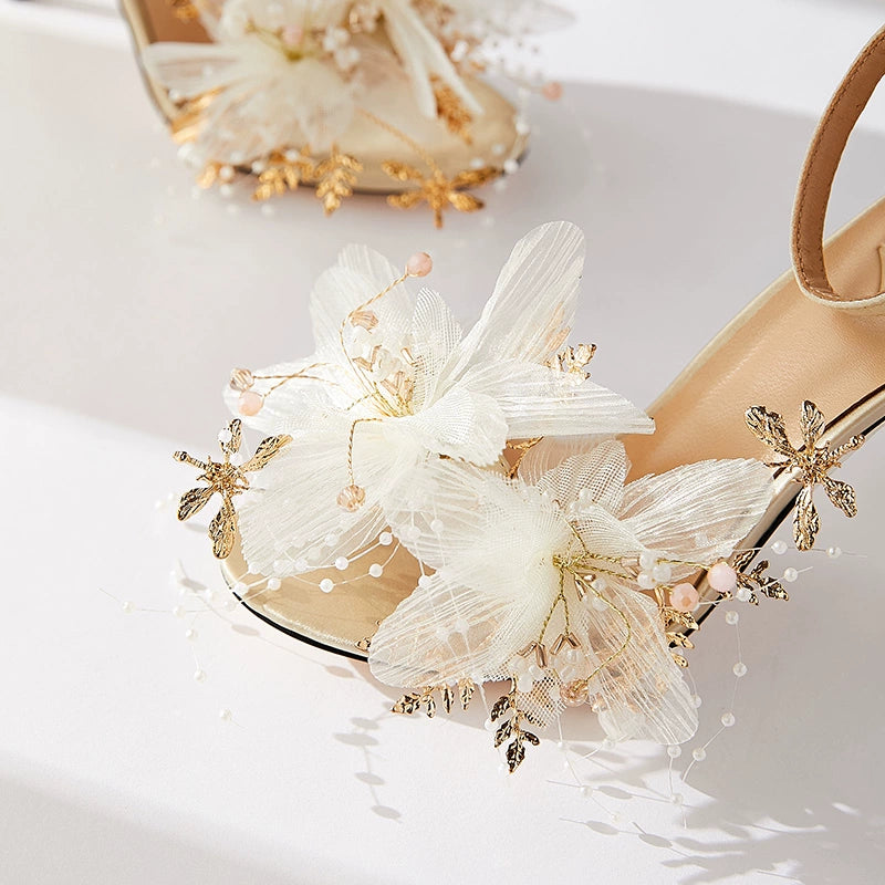 B-FEI handmade silk flower gold leaf dress high heeled wedding shoes - Vermeer Moonlight