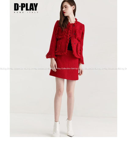 Designer woven Red pocket cat whisker short coat jacket- Pam