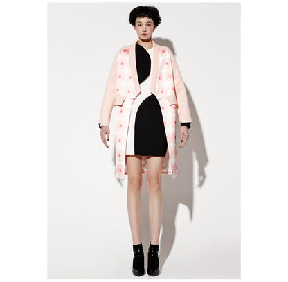 Independent designers pink dot printed unique buckle long coat jacket- Cleary