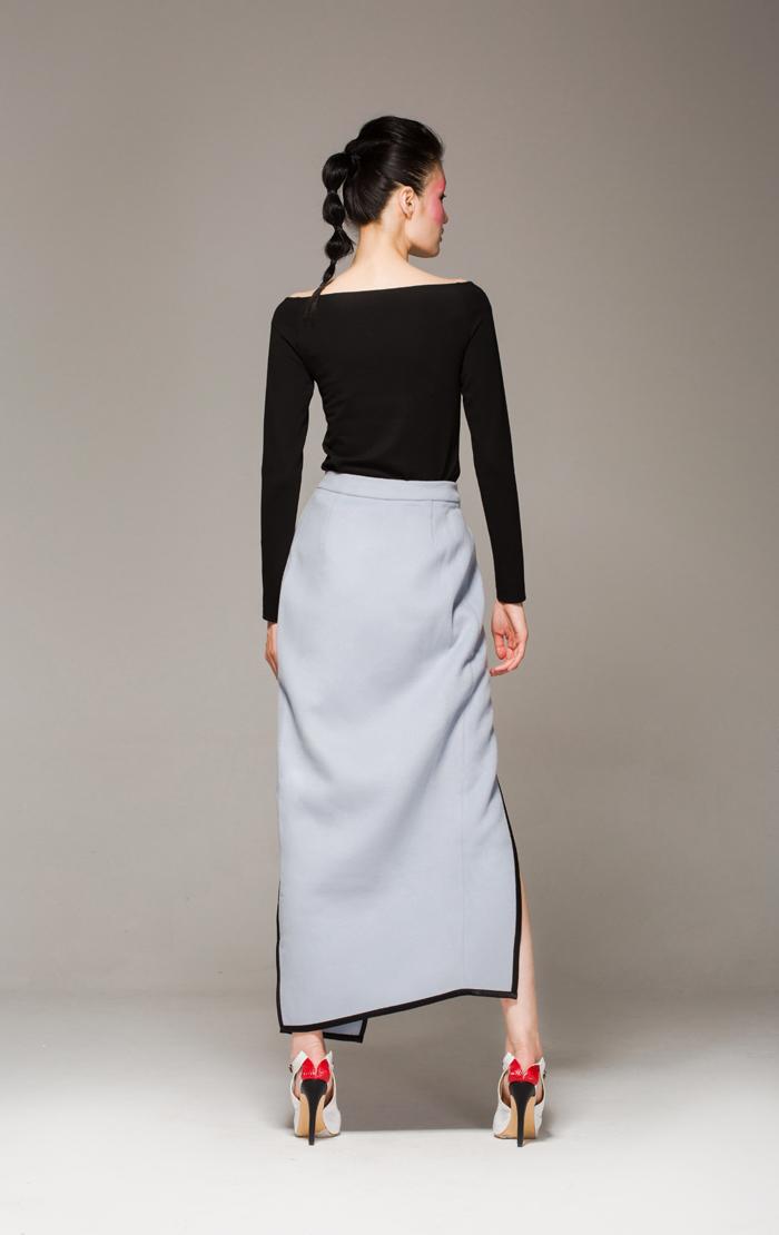 Wool gray edging high waist woolen slit skirt- Reli