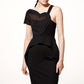 S heart-shaped asymmetric draping collar black pencil lbd black dress- Pilar