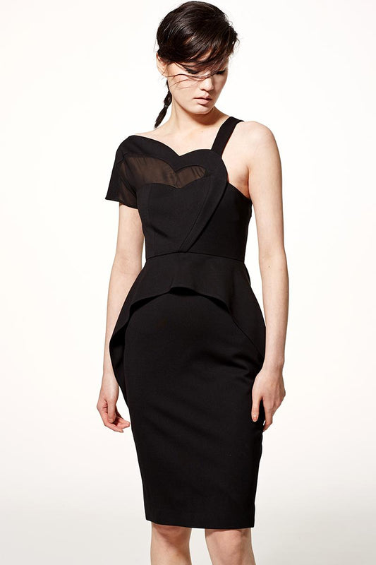 S heart-shaped asymmetric draping collar black pencil lbd black dress- Pilar