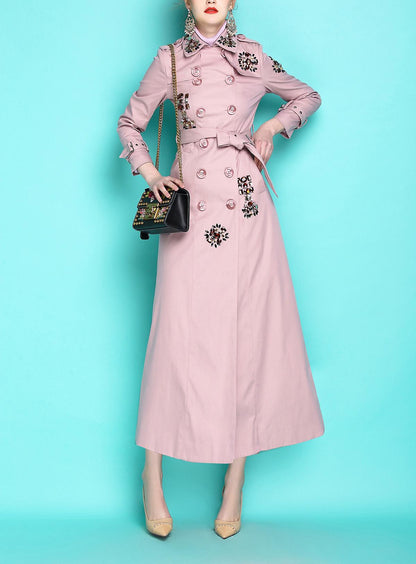 Classic autumn winter luxury limited edition handmade beaded trench coat  - Siaha lilac Pink