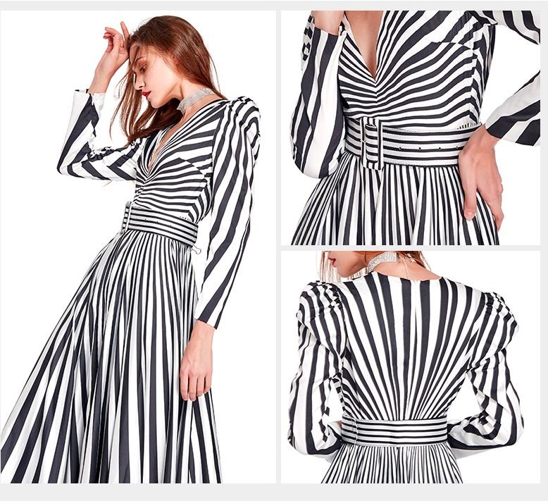 Limited Black and White stripe long sleeve V neck maxi evening gown - Cher M Limited Black and White stripe long sleeve V neck maxi evening gown - Cher M