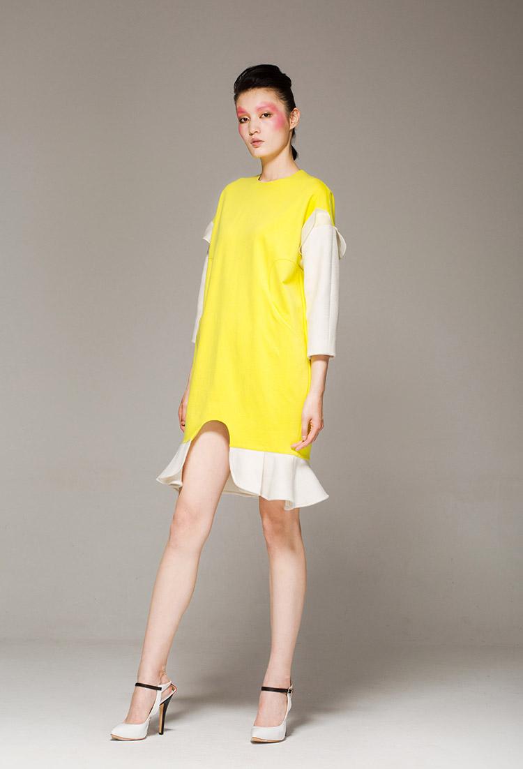 Independent designers yellow arc fishtail hem loose cocoon dress- Elouse