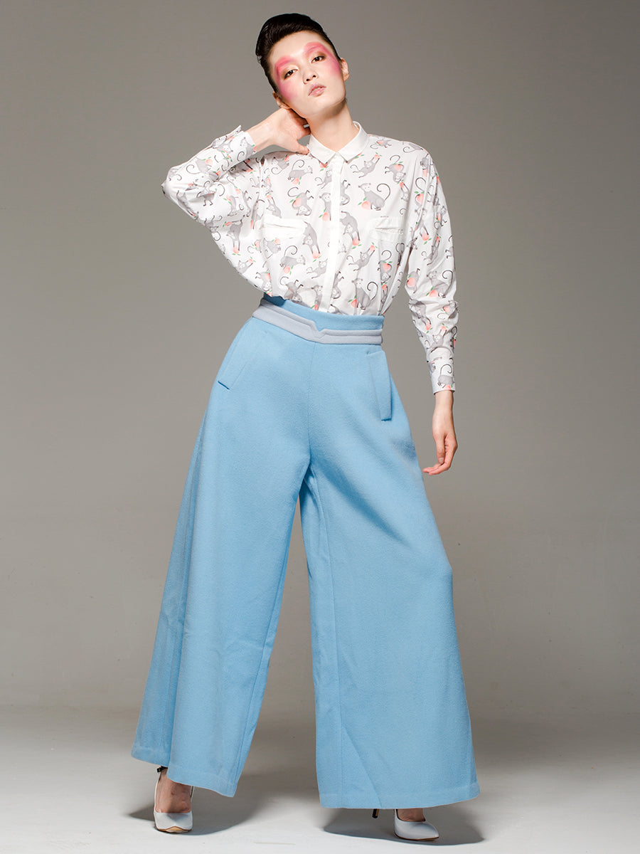 Designer autumn and winter double-sided pure wool light blue aura wide-leg pants- Gilaw