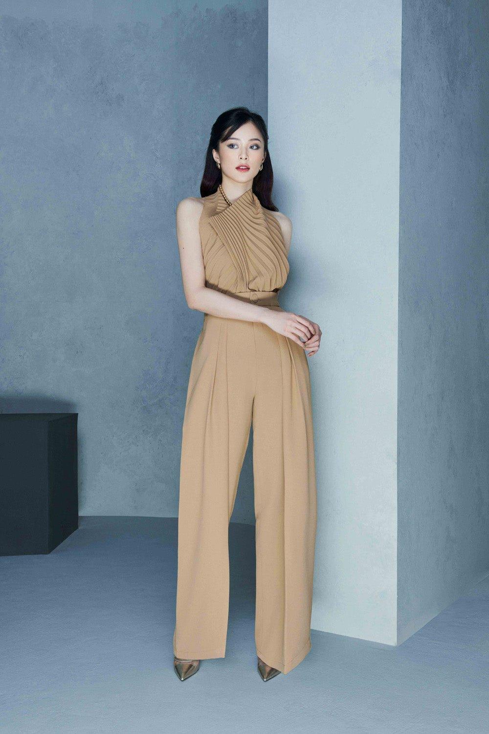 Sleeveless suit collar blouse baggy trousers suit two piece set -CORA