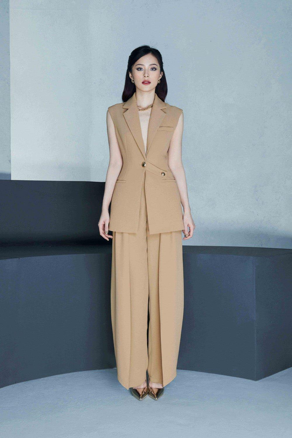 Sleeveless suit collar blouse baggy trousers suit two piece set -CORA