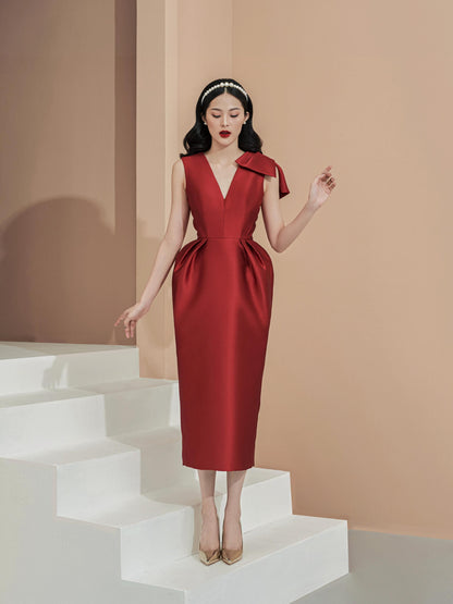 LUXURY RED ENGAGEMENT BOW MIDI DRESS - LUKA L LUXURY RED ENGAGEMENT BOW MIDI DRESS - LUKA L
