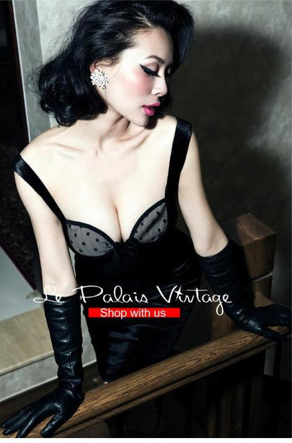 Le Palais vintage retro pinup sexy black velvet low cut bustier sweetheart neckline pencil lbd dress- Key