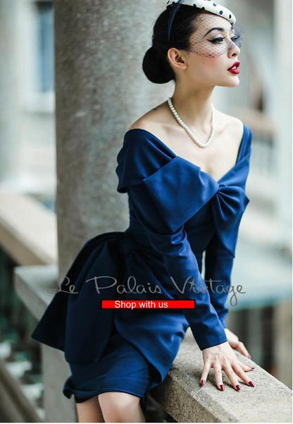 Le Palais vintage retro 1950 pin up blue collar bow slim pencil dress- Maya